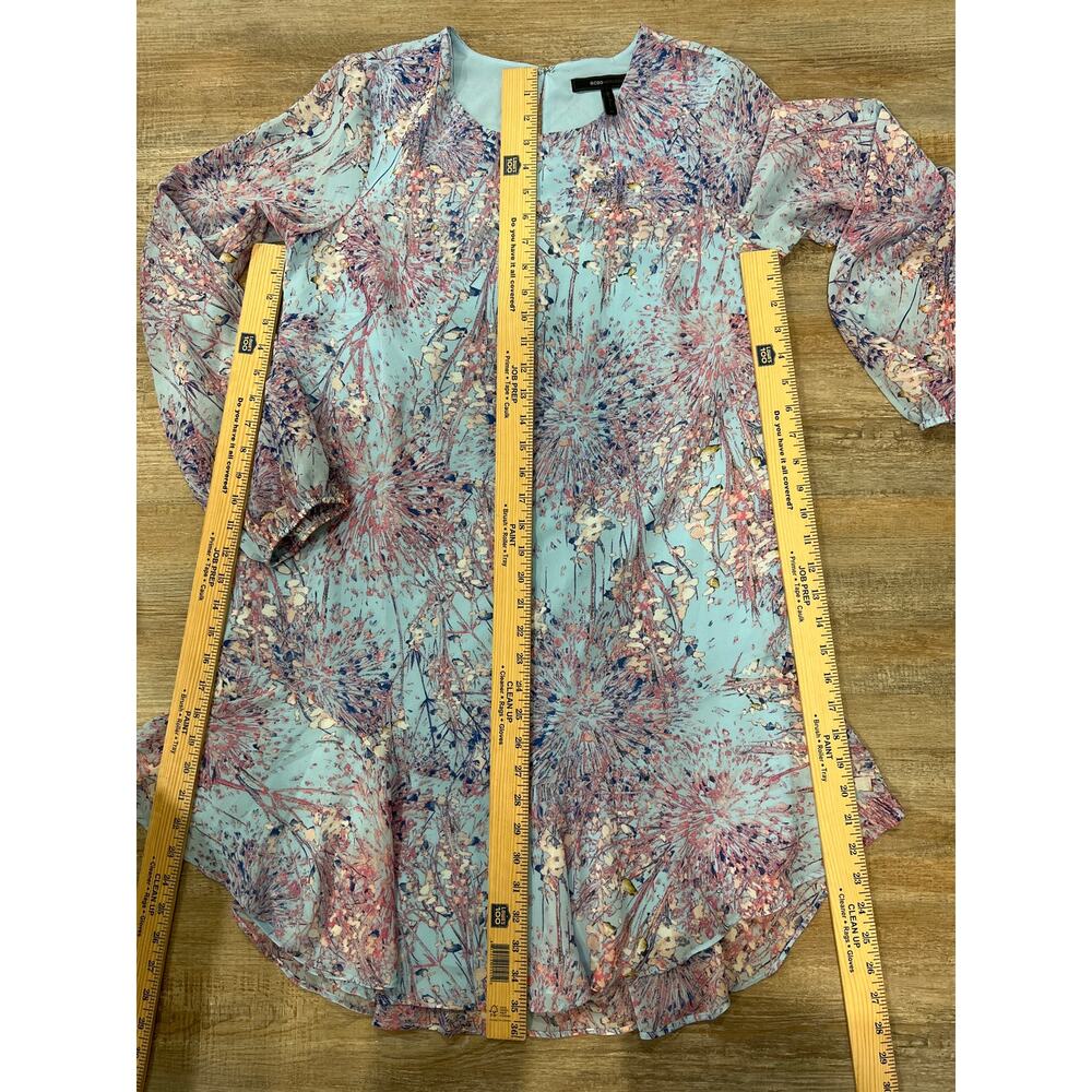BCBGMAXAZRIA Size M Blue Floral Long Sleeve Ruffle Hem Shift Dress - Picture 16 of 16